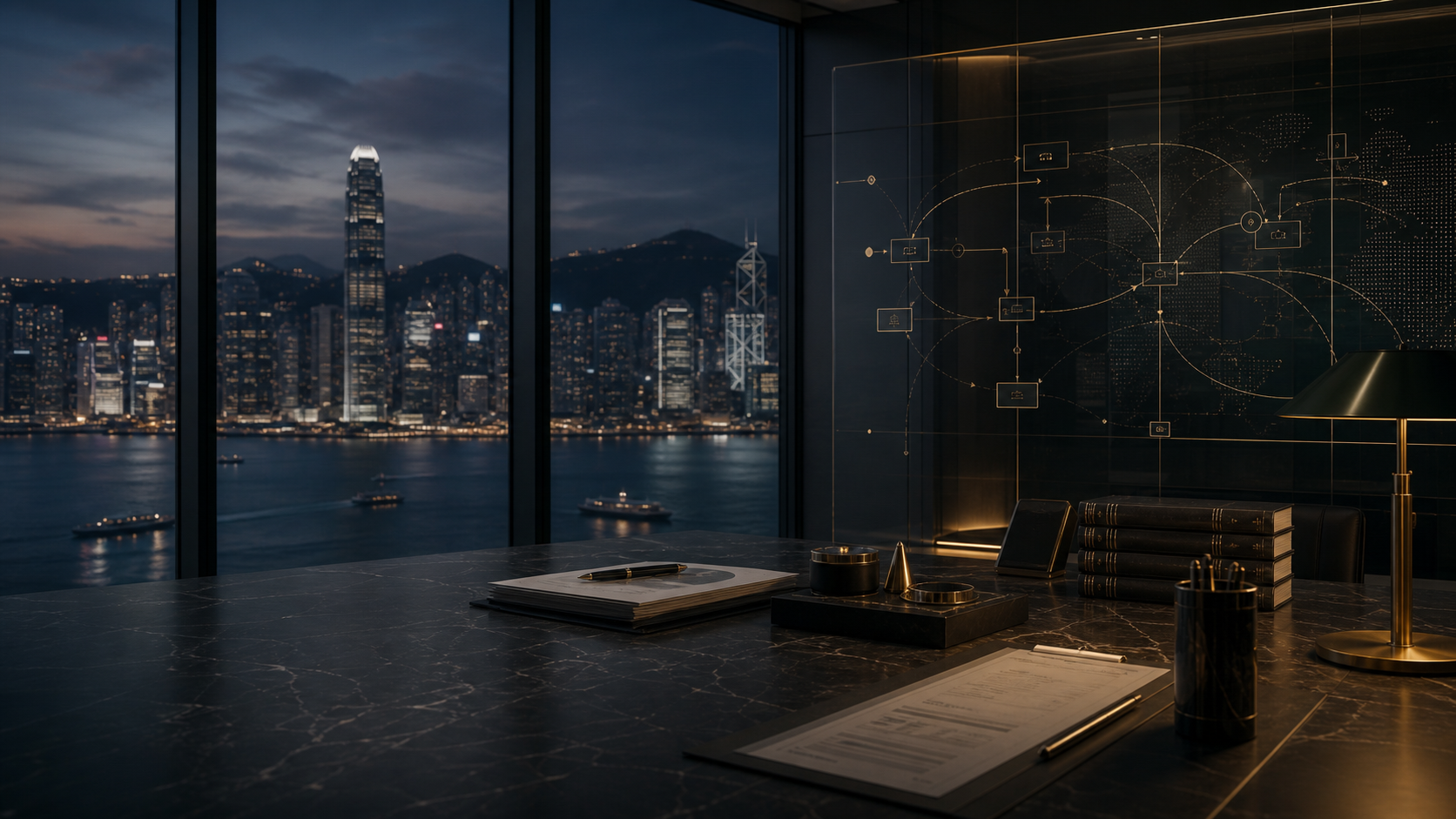 Central Hong Kong skyline for treasury control architecture